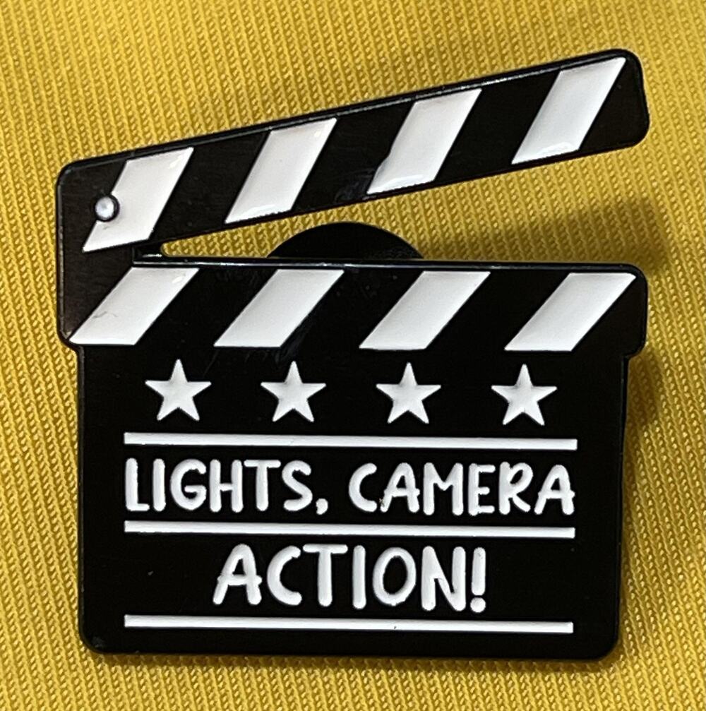 NWOT Black Clapperboard Lapel Pin Brooch Enamel Lights Camera Action Movie TV